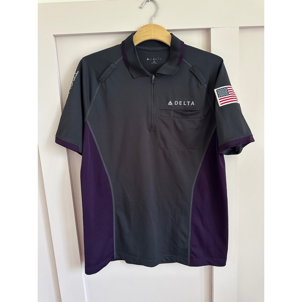 Delta TechOps Aircraft Maintenance Mens Polo Shirt Grey Purple Quarter Zip
